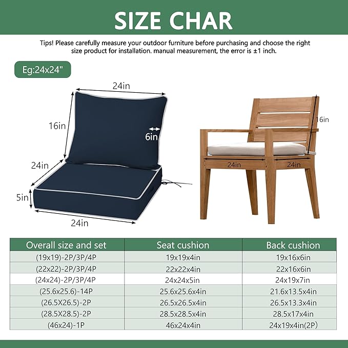 Outdoor Chair Cushions 2 Set,24 x 24 x 5IN, Patio Deep Seat Cushion for Patio Furniture, Waterproof Fade Resistant Thick Deep Seating Pads for Outside Wicker Ratten Chair Couch,navy+white piping