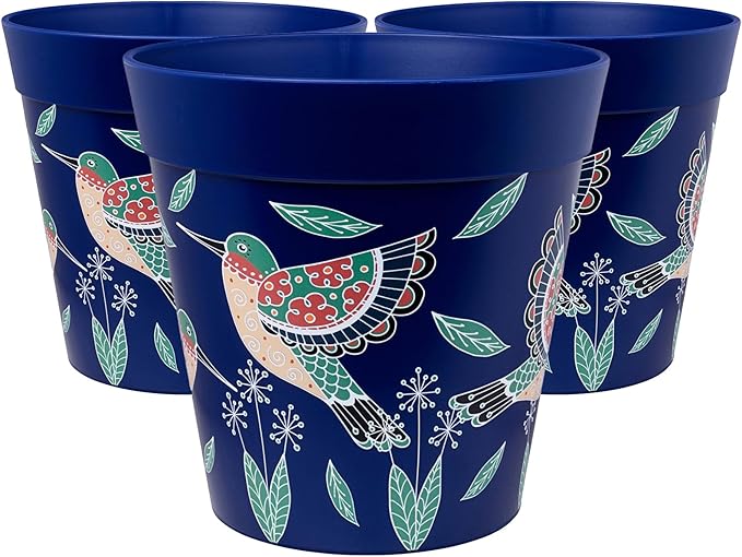 Hum Flowerpots, 10 inch Set of 3, Various Patterns Colors and Sizes, Indoor/Outdoor Plastic Plant Pots (Blue Hummingbirds)