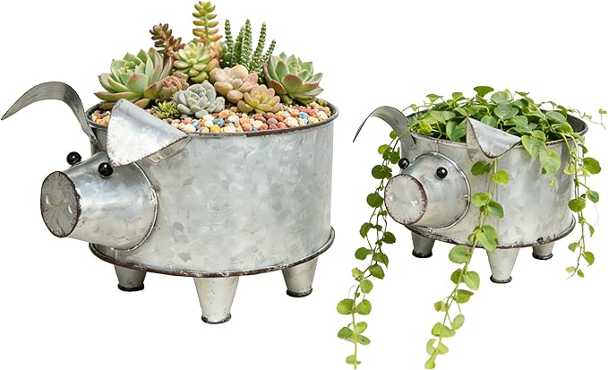 Galvanized Metal Pig Succulent Planter Farmhouse Pig Shaped Bowl Metal Pig Tray Rustic Decor Set of 2