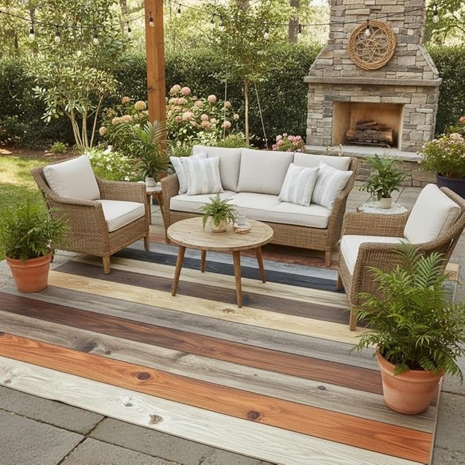 Waterproof Brown Khaki Natural Wood Plank Texture Outdoor Rug 7x10 Rustic Wooden Board Outdoor Area Rug for Patio Deck Garden Balcony Backyard Camping Non Slip Low Pile Outside Carpet Floor Covers