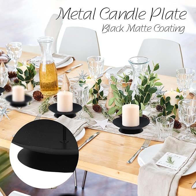 Pillar Candle Holder with Safety Spike, Set of 2, 3.5 Inch Metal Candle Plate, Pillar Candle Holders, Black Candle Stand