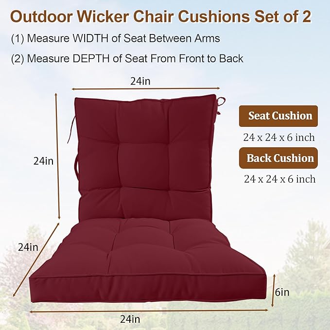 2 Piece Outdoor Patio Chair Cushions, Fade Resistant Outdoor Cushions for Patio Furniture, 6 inch Thickened Rocking Chair Cushions Set (Burgundy, 24x24x6 inch - 2 Pieces)
