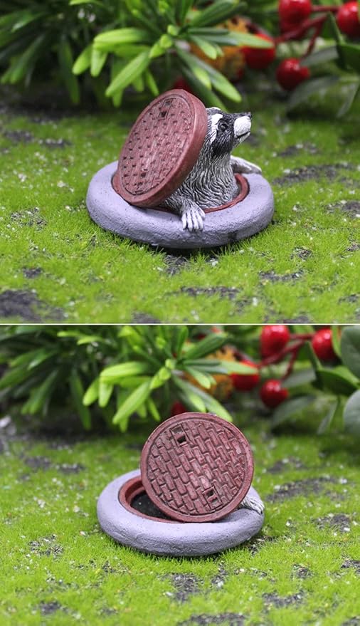 Miniature Raccoon Garden Statue, Manhole Cover Design, Outdoor Fairy Garden Decor, Cute Plant Pot Decorations,Tiny Raccoon Fairy Garden Accessories Garden Ornament