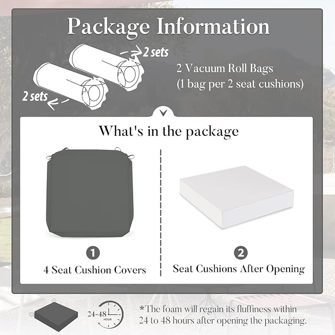 Basic Beyond Outdoor Chair Cushions for Patio Furniture, Waterproof Outdoor Seat Cushions Set of 4 19 x 19, Patio Chair Cushions Set of 4 with Ties and Handle, Dark Grey