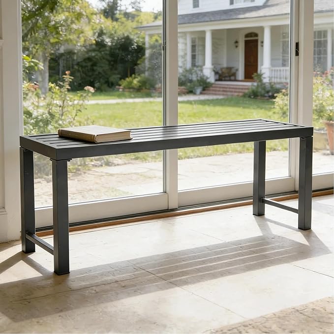 46" Outdoor Metal Backless Bench, All-Weather Patio Garden Bench for Backyard, Porch, or Lawn, Durable Steel Bench for Outdoor Spaces, Grey