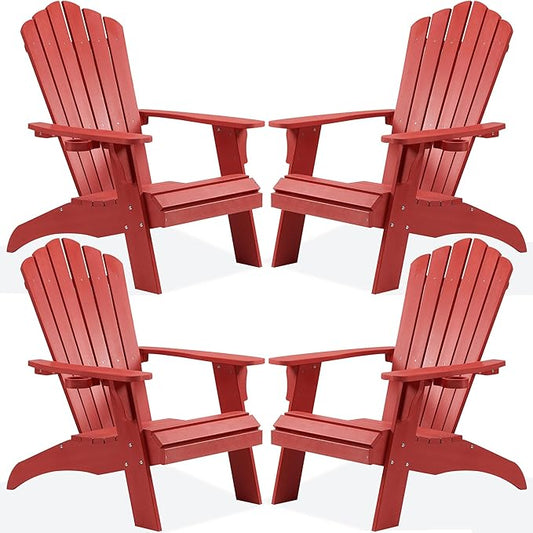 Psilvam Adirondack Chair, Oversized Poly Lumber Fire Pit Chair with Cup Holder, 350Lbs Support Patio Chairs for Garden, Weather Resistant Adirondack Chair Looks Like Real Wood (4, Red)