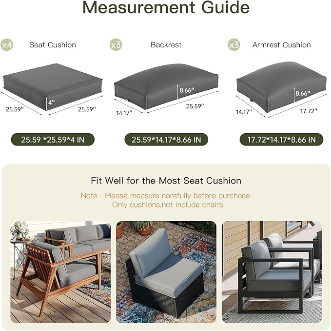 Patio Furniture Replacement Cushions for Outdoor Furniture Set of 4, Thick Patio Sofa Cushions for Outdoor Furniture, 9-Piece Splashproof Fade Resistant Cushions for Outdoor Couch, Grey