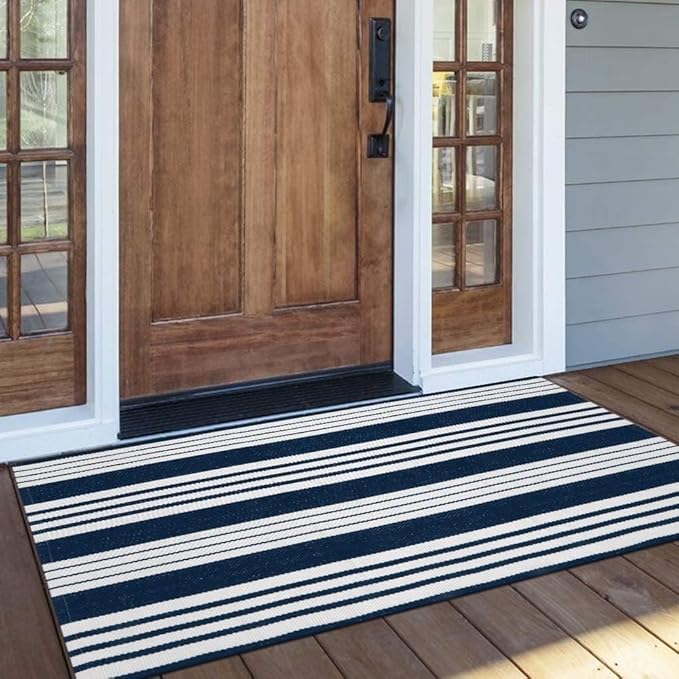 OJIA Outdoor Entryway Rug 24''x51'', Machine Washable Front Door Mats Cotton Woven Blue and White Outdoor Rugs Porch Rug Striped Kitchen Runner Indoor Door Mat for Farmhouse/Entry/Home Entrance