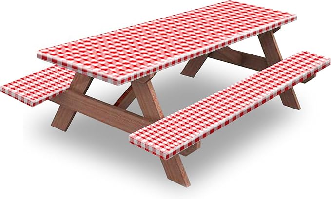 KENOBEE 6ft Picnic Table and Bench Cover, Camping Essentials RV Gear, 72in Waterproof Windproof Outdoor Elastic All Around Tablecloth, Fitted Rectangle Tables and Seats, Red-White Checkered