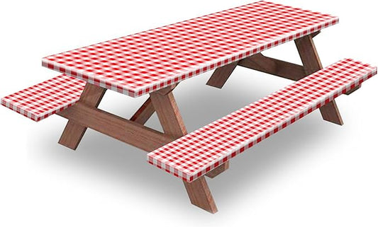 KENOBEE 7ft Picnic Table and Bench Cover, Camping Essentials RV Gear, 84 in Waterproof Windproof Outdoor Elastic All Around Tablecloth, Fitted Rectangle Tables and Seats, Red-White Checkered