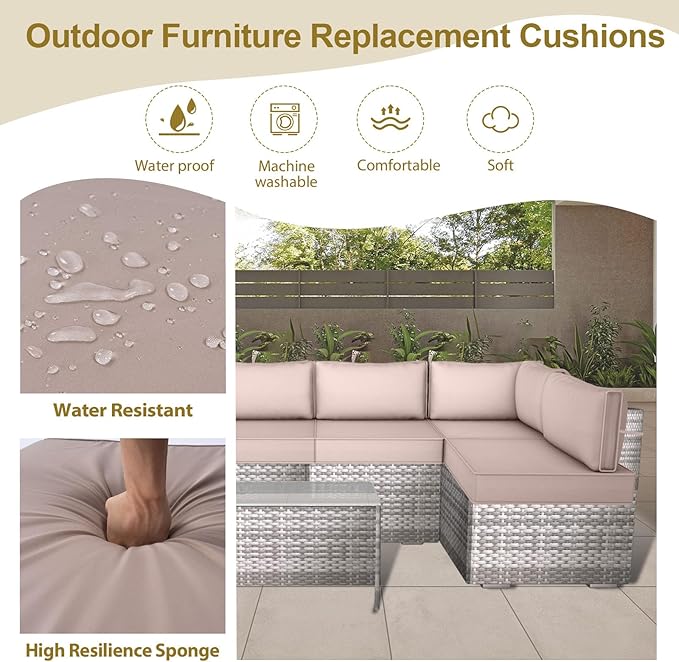 Outdoor Replacement Cushions for Patio Furniture,14-Piece Patio Water-Resistant Replacement Sofa Cushions,Fits 6-seat Sectional Rattan Conversation Set,Liner&Cover (Khaki)
