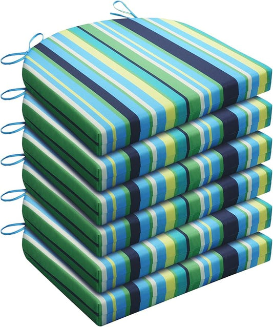 Wellsin Outdoor Chair Cushions for Patio Furniture - Patio Chair Cushions Set of 6 - Water Resistant Round Corner Outdoor Seat Cushions 17"X16"X2", Stripe 01