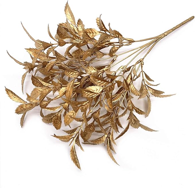CATTREE Artificial Golden Plants for Christmas Decor, Fake Plastic Floral Faux Flowers Shrubs Simulation Bushes Indoor Outdoor Wedding Party Hall Office Table DIY Decoration - Gold Leaves 4 Pack