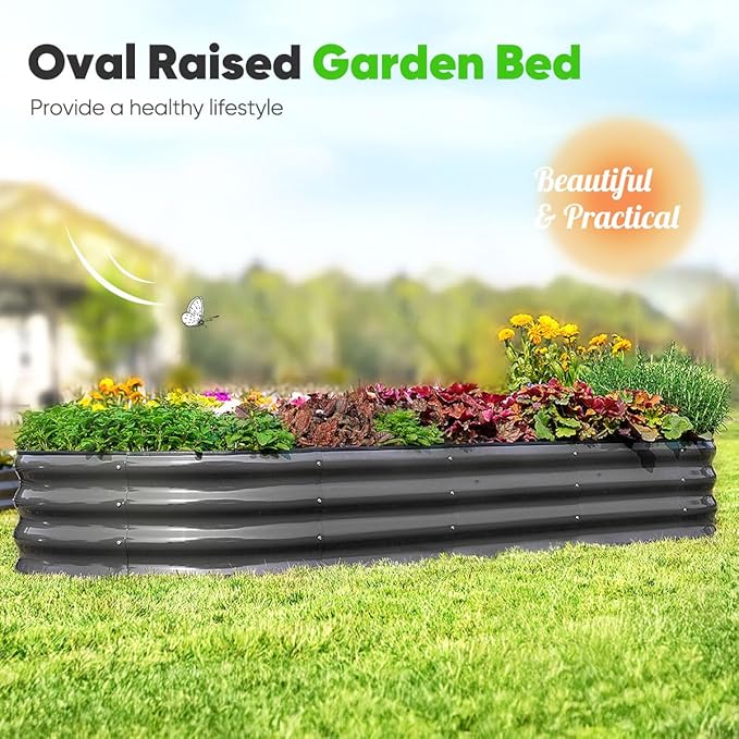 Quictent Galvanized Raised Garden Bed Kit with Self Watering System and Mesh Cover, Large Oval Metal Outdoor Planter Garden Boxes for Vegetables Herbs Flowers, 8x3x1Ft