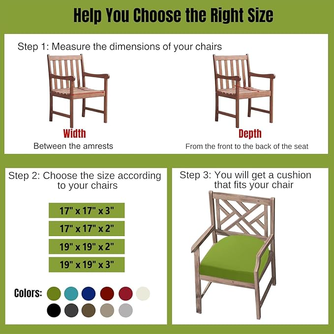 idee-home Outdoor Chair Cushions Set of 2, Thick 17" x 17" x 2" Outdoor Seat Cushions Patio Furniture Waterproof with Ties, Dining Pads