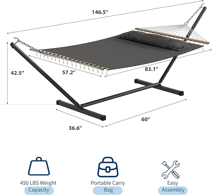GarveeLife 57" 2 Person Outdoor Hammock, Widening Design Cotton Hammock with Metal Stand, Heavy Duty Construction, 450 LBS Weight Capacity, Dark Grey