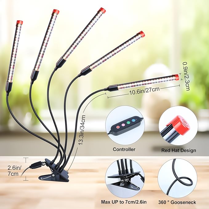FECiDA Gamechanger 2026 45 Watt Power Draw, NO Need Adapter, 5Head Strong Clip Grow Lights for Indoor Plants with 4/8/12/16/20H Timer, LED Plant Growing Lamps for Houseplants, Bonsai, Seed Starting