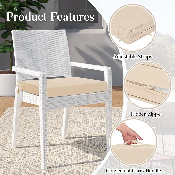 Basic Beyond Outdoor Chair Cushions for Patio Furniture, Waterproof Outdoor Seat Cushions Set of 4 18 x 18, Patio Chair Cushions Set of 4 with Ties and Handle, Beige