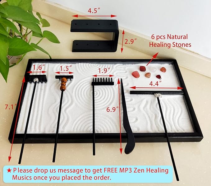 Mini Zen Garden Rake Set - 12 Piece Black Bamboo Sand Rakes with Storage Stand & 6 Crystals - Desktop Meditation Tools for Adults, Stress Relief Zen Gift