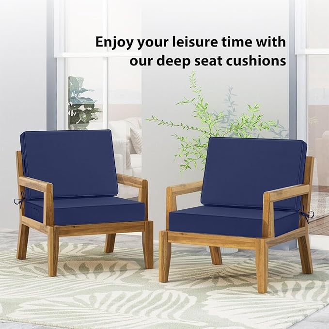 Waterproof Outdoor Chair Cushions 22x22, Memory Foam Outdoor Cushions for Patio Furniture with Removable Cover, Deep Seat Cushions for Outdoor Furniture with Ties and Handle, Navy