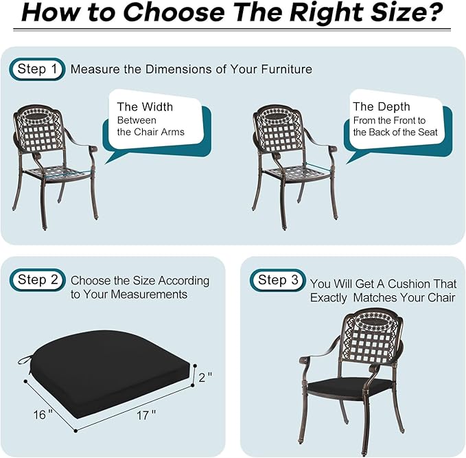 Basic Beyond Outdoor Chair Cushions Set of 4, Outdoor Cushions for Patio Furniture, Water Resistant Patio Chair Cushions with 2 Ties, 17x16x2, Black