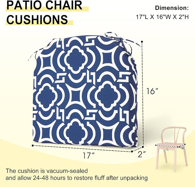 downluxe Outdoor Chair Cushions Set of 4 for Patio Furniture, Water-Resistant Patio Chair Cushions with Ties, High Density Foam Outdoor Seat Cushion, 17" X 16" X 2", Circular Geometry