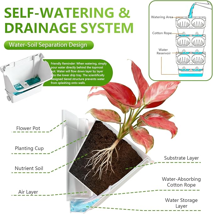 3-Tiers Vertical Wall-Mounted Planter with 6 Pots Vertical Garden Living Wall Planter Indoor Self-Watering Soil-Water Separation Stackable Plastic Planter for Herb Vegetable Flower Succulent (White)