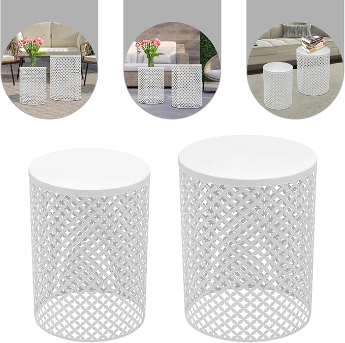 2PCS Outdoor Side Table, Heavy Duty Metal Frame Side Table Decorative Garden Stool Modern End Table Round Coffee Table for Patio Gardens Balconies Cafes (White)