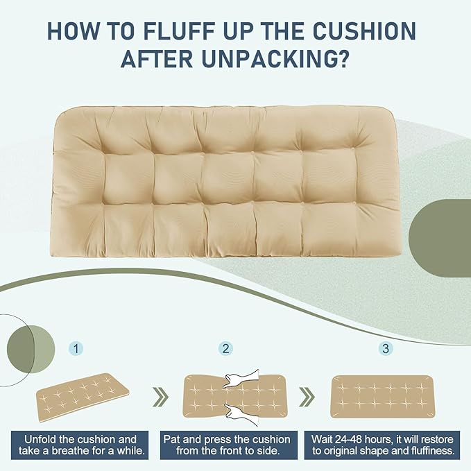 downluxe Outdoor Bench Cushion for Patio Furniture, Waterproof Tufted Overstuffed Porch Swing Cushions, Thick Outdoor Loveseat Cushions, 59" x 18" x 5", Khaki, Set of 1