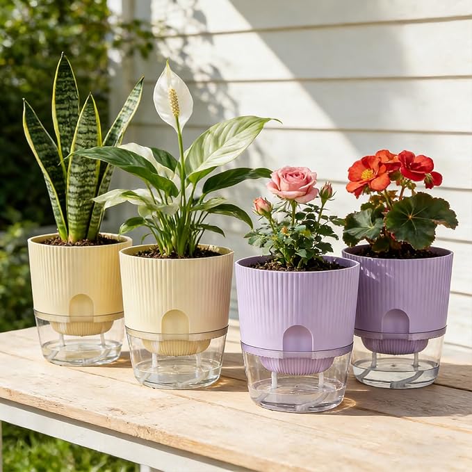 Self Watering Pots for Indoor Plants, 4 Pack 5.7 Inch Flower Pots with Deep Reservoir & Drainage Holes, Yellow Purple Plastic Planters with Water Level Window for Succulents Orchids