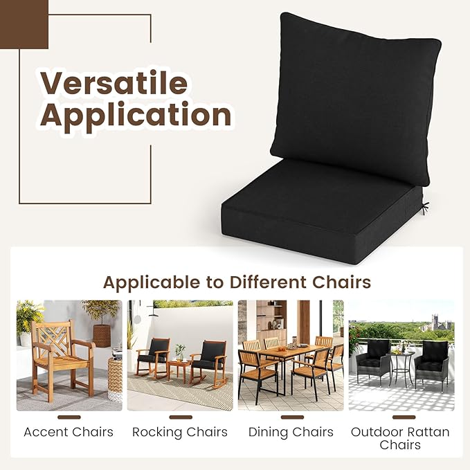 Giantex Patio Cushion Set, Outdoor Chair Seat Pads w/Non-Slip Rope Belts, Detachable Patio Furniture Cushions, Thick Seat Cushion & Back Cushion for Living Room Floor Sofa Patio Garden Chair (Black)