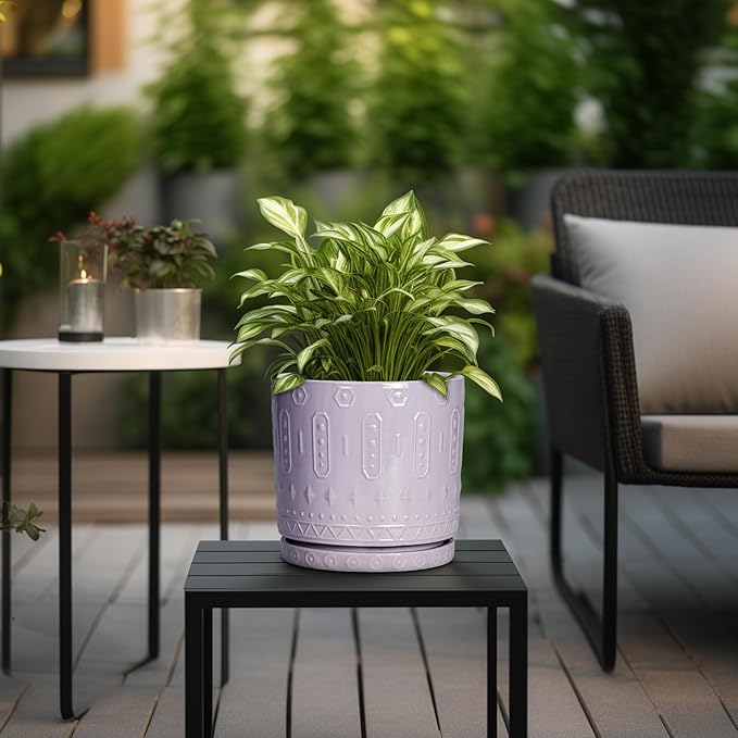 Ceramic Flower Pots, 8 Inch Plant Pots Indoor Outdoor, Round Planter with Drainage Hole and Tray, Boho Planter, Decorative Pot for Plants, Apartment Decor, House Warming Gifts, Purple