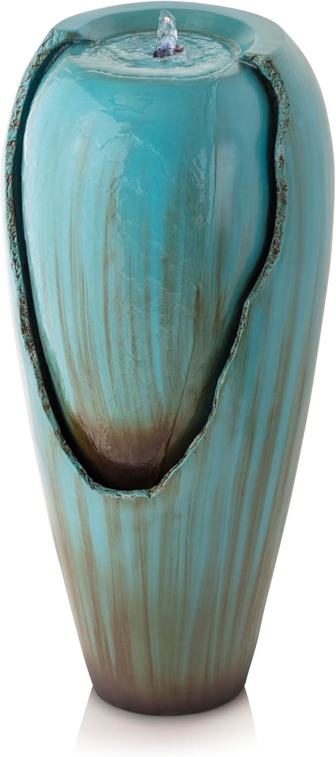 Alpine Corporation 33" Tall Outdoor Antique Jar Water Fountain, Vintage Cascading Design with LED Lights, Garden, Patio & Yard Decor, Turquoise