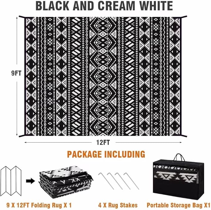 Pendolr Outdoor Rug 9’x12' for Patios Clearance Waterproof Carpet Large RV Mat Outdoor Plastic Straw Rug for Camping Reversible Outside Rug for Patio Balcony Deck Backyard Picnic Beach Black&White 02#
