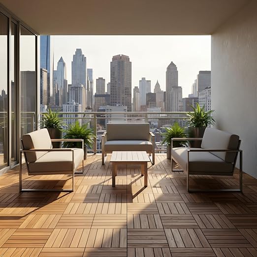 Acacia Wood Flooring Interlocking Deck Tiles for Patio Decor 27 Pcs 12 Slats VR White Oak - Waterproof Indoor & Outdoor Decor - Balcony Garden Decking Tile (12.2 * 12.2 * 0.7 inches)