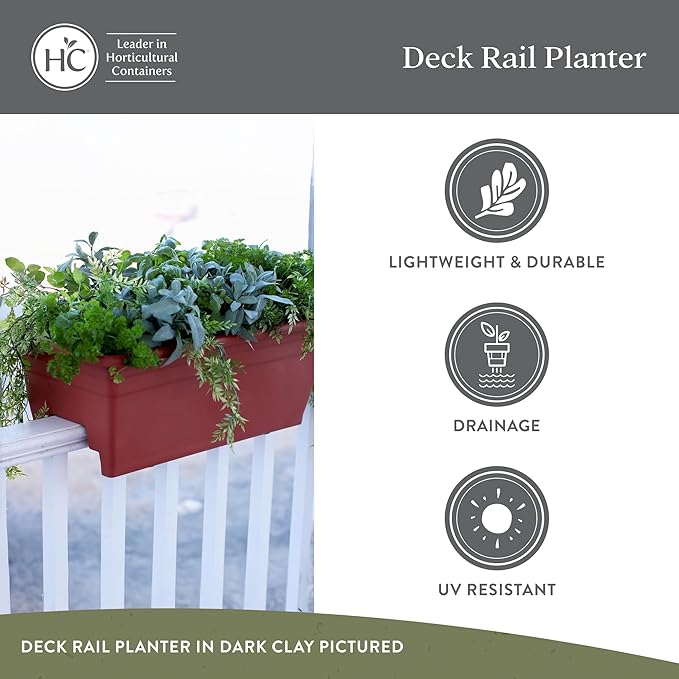 The HC Companies 24 Inch Deck Rail Planter Box with Drainage Plug, Lightweight UV-Resistant Plastic Outdoor Planters for Wood Deck Rail, Flower Box for Garden, Patio, Balcony, and Fence, Chocolate