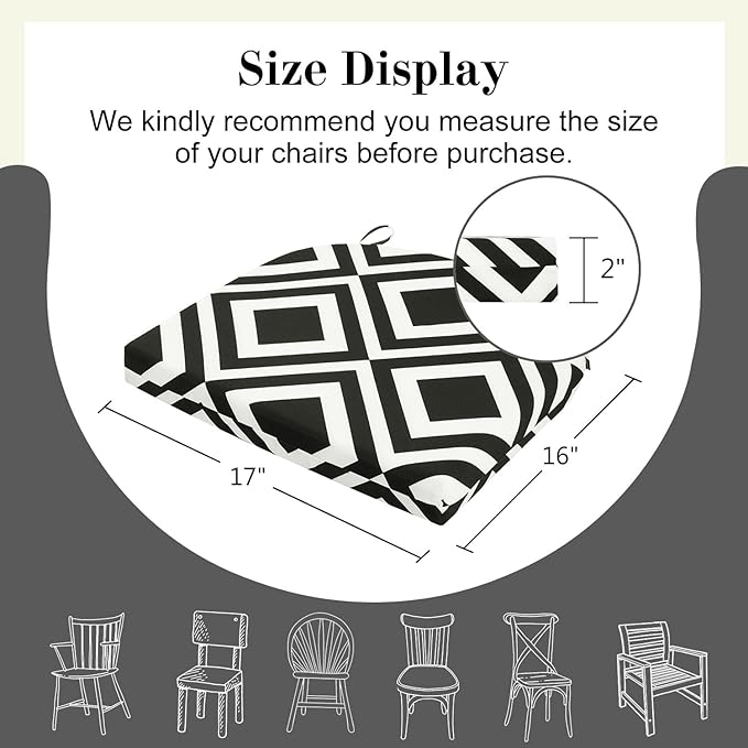 Cozyide Outdoor Chair Cushions, Waterproof Patio Seat Cushions with Adjustable Straps, Round Corner Patio Chair Cushions for Garden, Black Geometry, 17x16x2 Inch (Pack of 2)