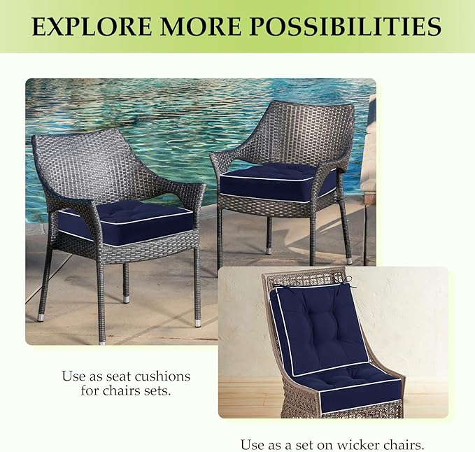 HARBOREST Outdoor Chair Cushions Set of 2, Tufted Patio Chair Cushions with Ties, Square Corner Outdoor Cushions for Patio Furniture, Lawn Chairs, Wicker Chairs, 17" x 17" x 5", Navy