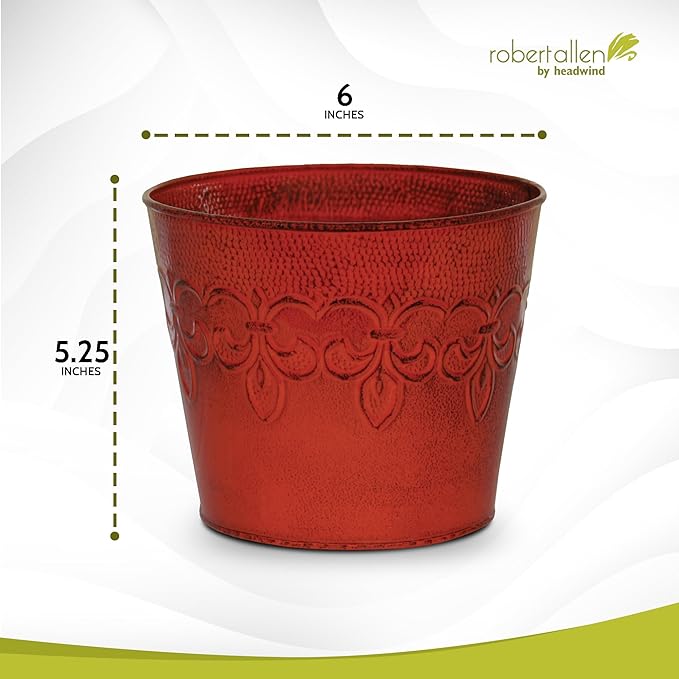 Headwind Ironlite Fleur De Lis Collection – 6" Cayenne Red Decorative Planter with Drain Plug – Lightweight Metal Garden Pots for Indoor & Outdoor Planters Use by Robert Allen