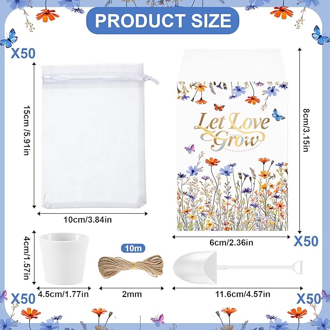 200 PCS Let Love Grow Wedding Favors for Guests Include 50 Flower Seed Packets 50 Pots 50 Organza Bags 50 Garden Shovel for Bridal Shower Wedding Party Favors, No Seeds
