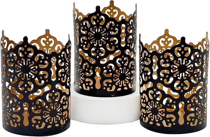 Hosley Set of 3 Black Finish Metal Candle Holders 4 Inch High Lattice Cut Lanterns for Coordinated Elegance and Enchanting Illumination Elevate Your Decor
