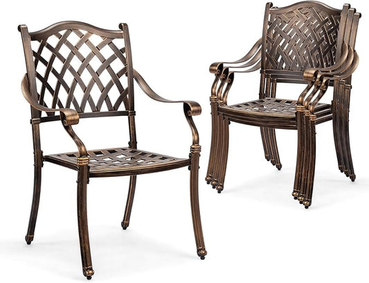 VINGLI Patio Chairs Set of 4 - Stackable Outdoor Cast Aluminum Dining Chairs with Vintage Bronze Finish and Diamond Pattern, Metal Armchairs for Poolside, Backyard, Balcony (No Cushion)