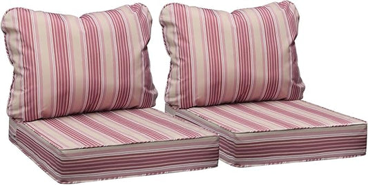 AAAAAcessories Outdoor Seat Cushions for Chairs, Fade-Resistant, Waterproof Patio Furniture Replacement Cushions, 25.5" x 25.5" x 5" + 25.5" x 19", Set of 2, Dusty Rose Garden Stripe
