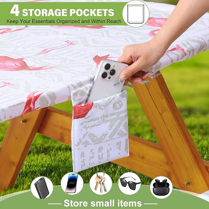 Picnic Table Cover with Bench Covers Vinyl Elastic Edges Fitted Rectangle Tables Seat Waterproof 3-Piece 96X30in Set Outdoor Rectangular Folding Backing Tablecloth for Camping Over Size White Flamingo