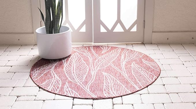 Unique Loom Outdoor Botanical Collection Area Rug - Leaf (4' 1" Round, Rust Red/ Gray)