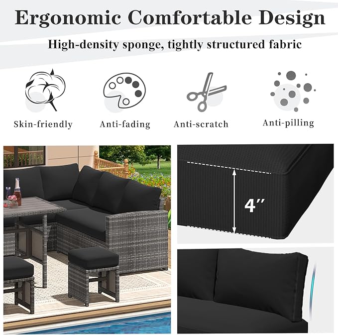 U-MAX Outdoor Cushions for Patio Furniture, Memory Foam Patio Replacement for Outdoor Furniture, Fits 7-Seats Sectional Rattan Conversation Set, Black