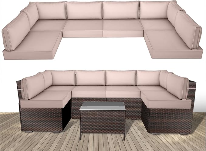 Outdoor Replacement Cushions for Patio Furniture,14-Piece Patio Water-Resistant Replacement Sofa Cushions,Fits 6-seat Sectional Rattan Conversation Set,Liner&Cover (Khaki)