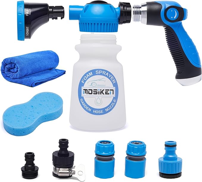 Foam Gun Car Wash Sprayer with Washing Sponge & Absorbent Towel, Foam Cannon Car Washing Kit, 1/2” Connector for Garden Hose, for Car/Garden Cleaning (BLUE)