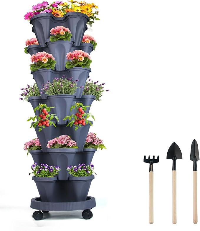 GameXcel Vertical Planter Tower- 7 Tier Stackable Garden Planter with Wheels and Tool Set – Grow Strawberries Herbs Flowers and Vegetables - Indoor Outdoor Use Dark Gray