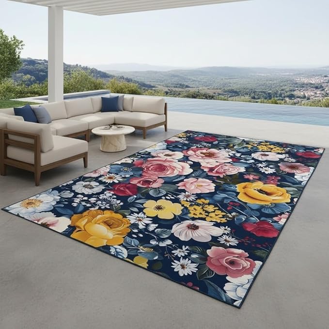3D Printed Navy Blue Pink Yellow Floral Outdoor Rug Retro Flower Texture 2x3 Waterproof Outdoor Area Rug for Balcony Backyard Patio Garden Washable Outside Carpet Non Slip Deck Porch Floor Mat